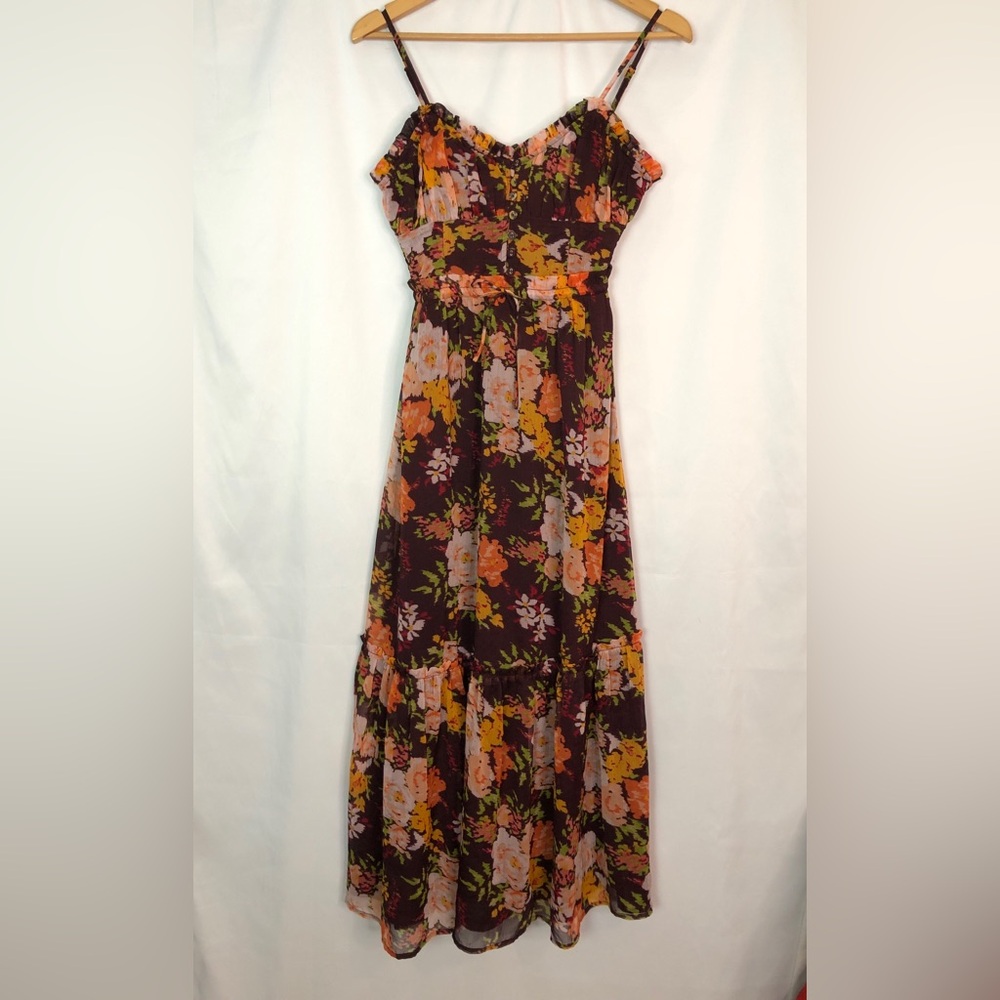 Patrons of Peace Brown Floral Spaghetti Strap Maxi Dress Size S